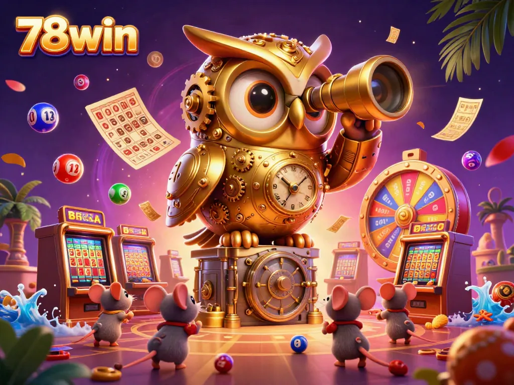Engage with 78win's vibrant casino scene featuring a golden owl, lottery elements, and dynamic game action.