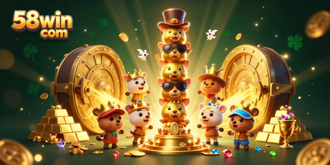 Experience exciting gaming adventures with 58win com's vibrant illustration featuring a golden totem and treasures.