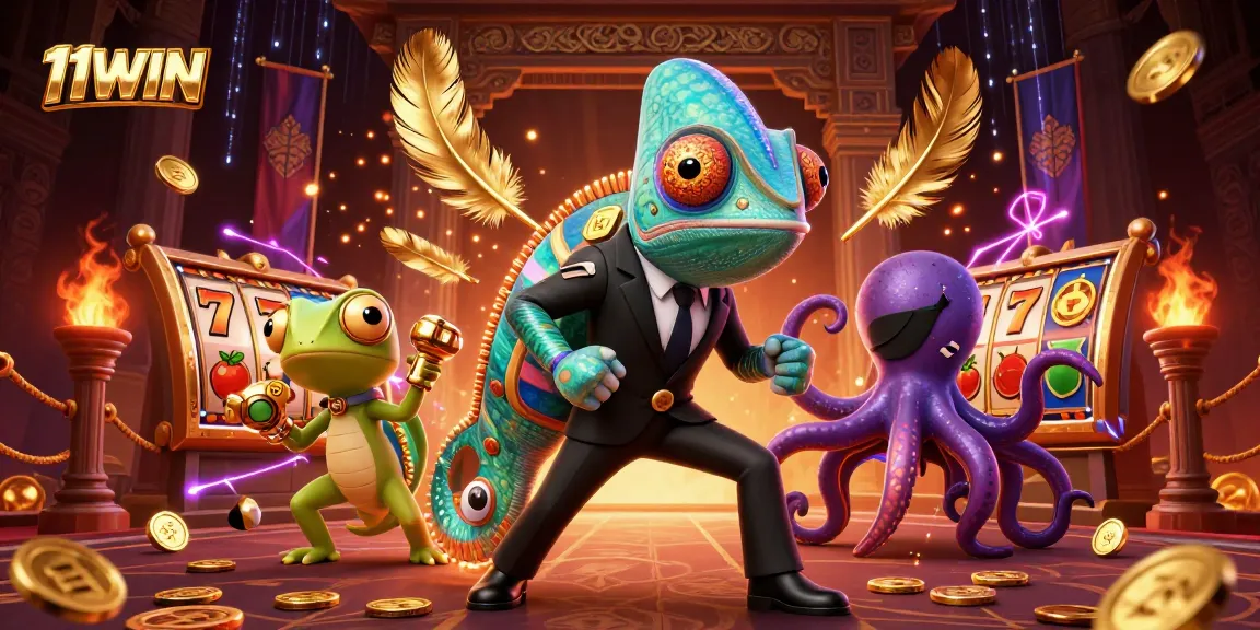 Experience the thrill of 11WIN in a vibrant casino scene with dynamic characters and exciting game elements.
