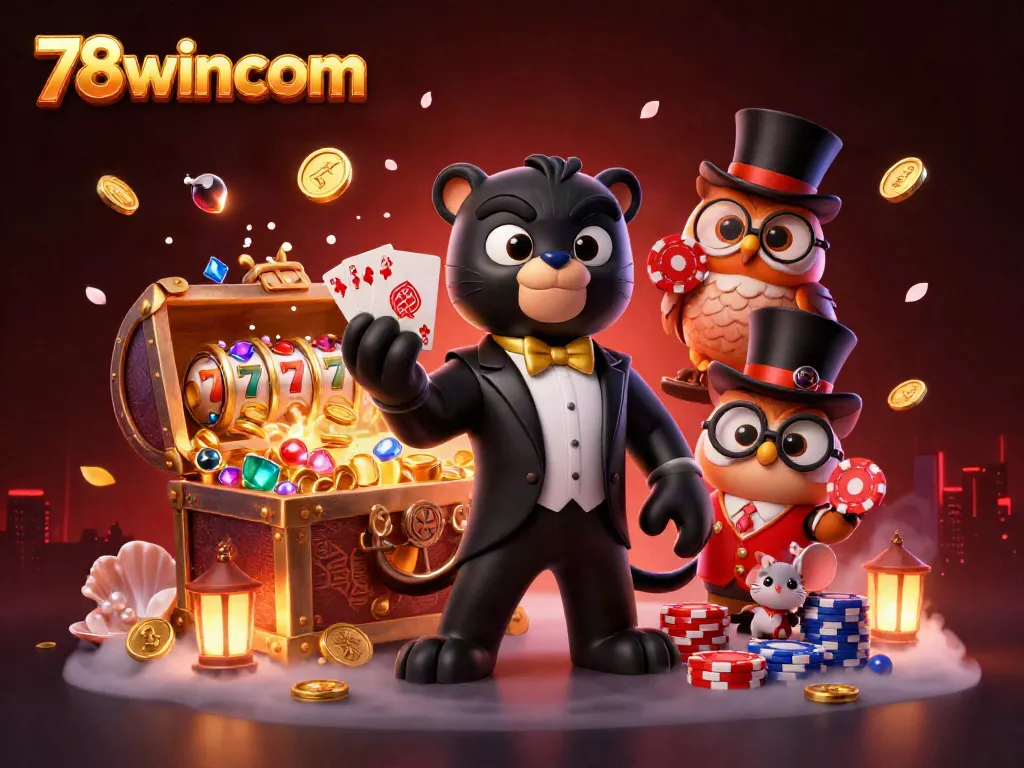 Experience the excitement of 78wincom with stylish characters and dynamic casino elements in a vibrant casino-themed illustration.