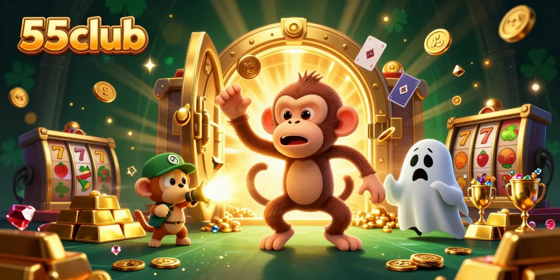 Experience thrilling action at 55club with a mischievous monkey and ghost-hunter puppy in a vibrant casino scene.
