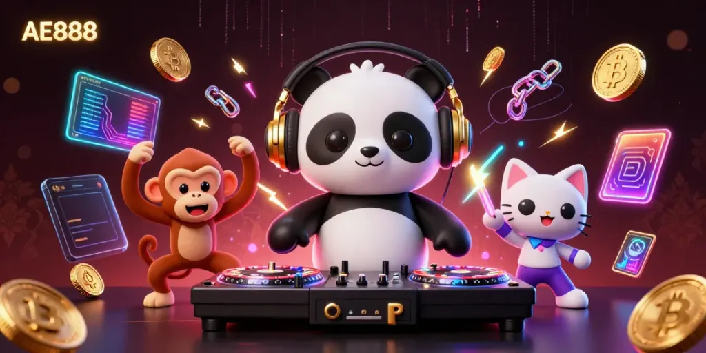 Engage with AE888's vibrant casino atmosphere featuring energetic animated characters and digital graphics.