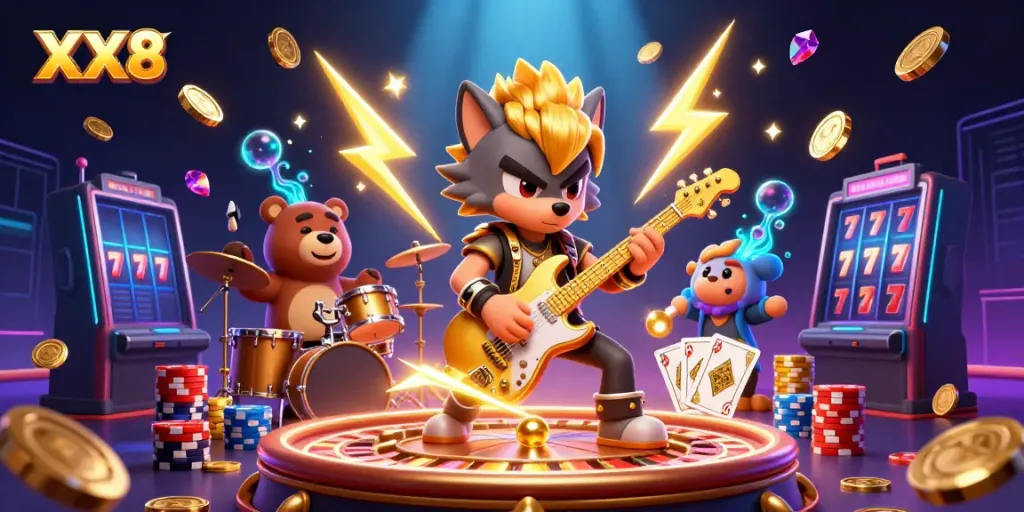 Experience the thrill of XX8 casino with dynamic illustrations of a rocking wolf and bear, showcasing vibrant gaming elements.