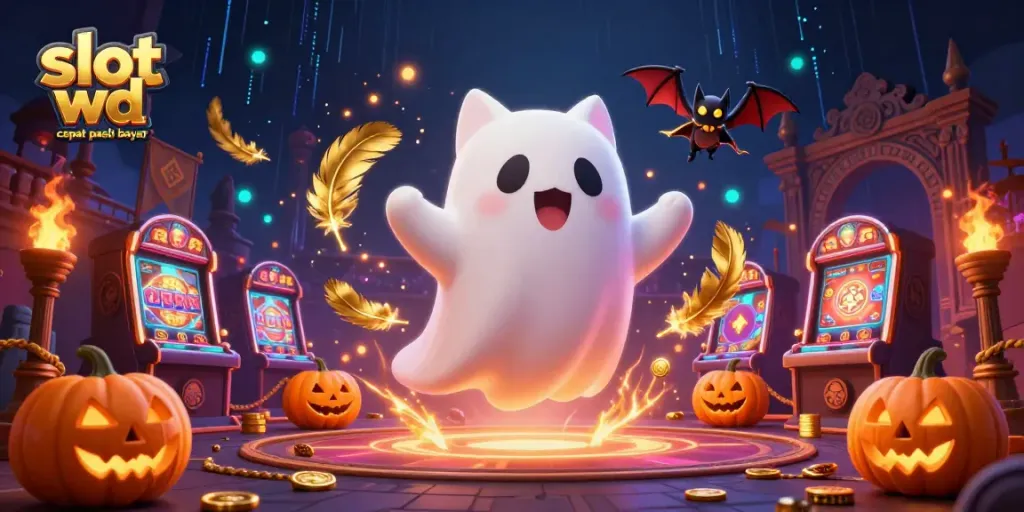 Engage with slot wd cepat pasti bayar in this vibrant ghost cat illustration within a haunted casino.