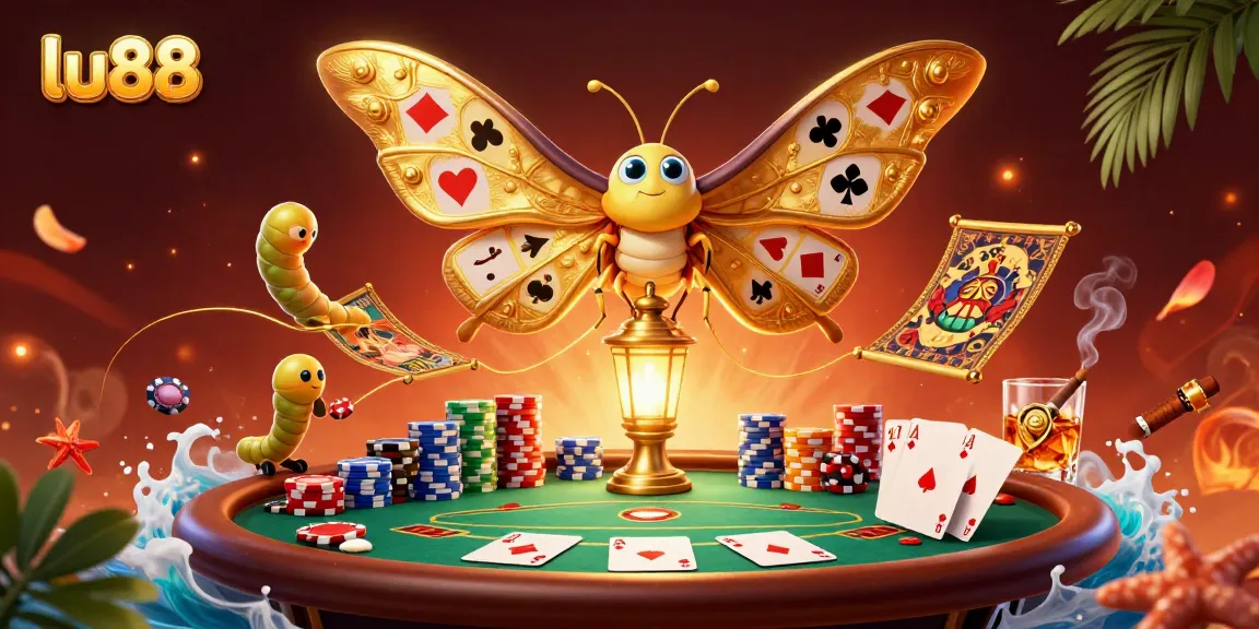 Engage with exciting casino scenes at lu88 featuring a vibrant moth, poker chips, and immersive gameplay elements.