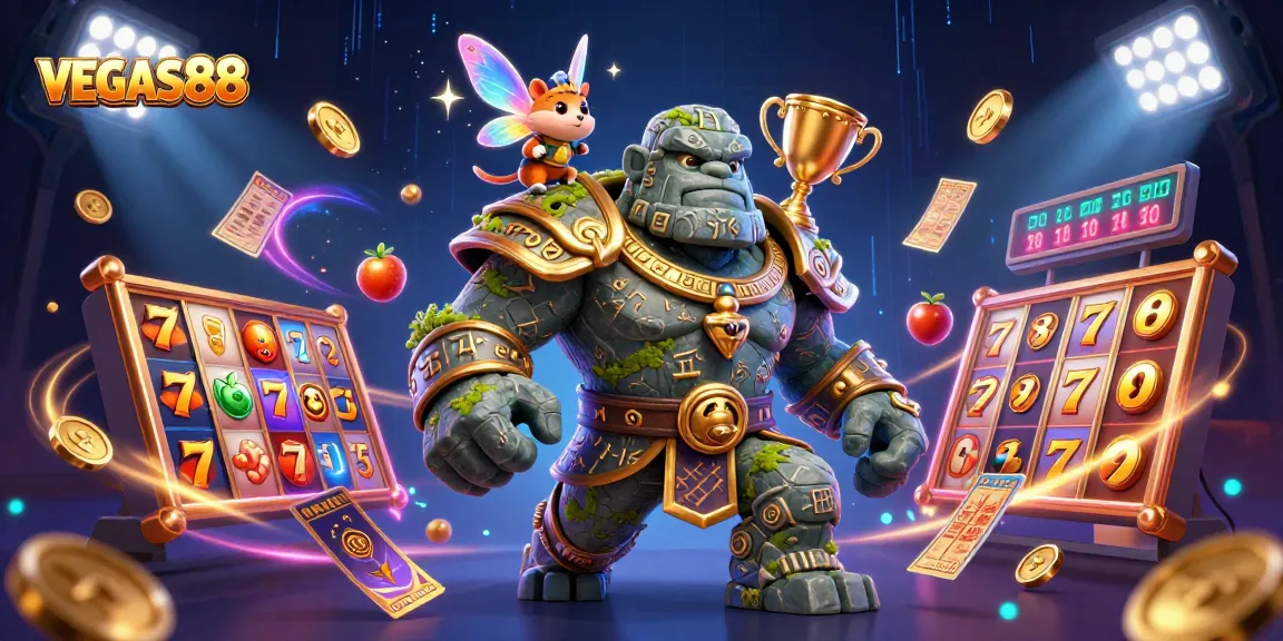 VEGAS88 slot experience featuring a golem guardian, fairy, and hamster knight with vibrant gaming elements.