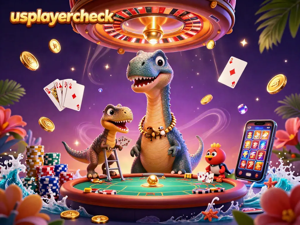 Experience the thrill at usplayercheck with a brontosaurus and clever raptor in a vibrant casino scene.