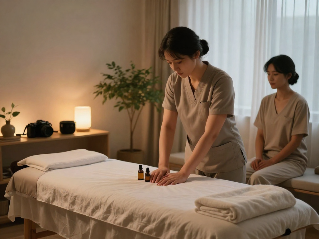 부천출장안마 professional massage setup with soft lighting and serene atmosphere.