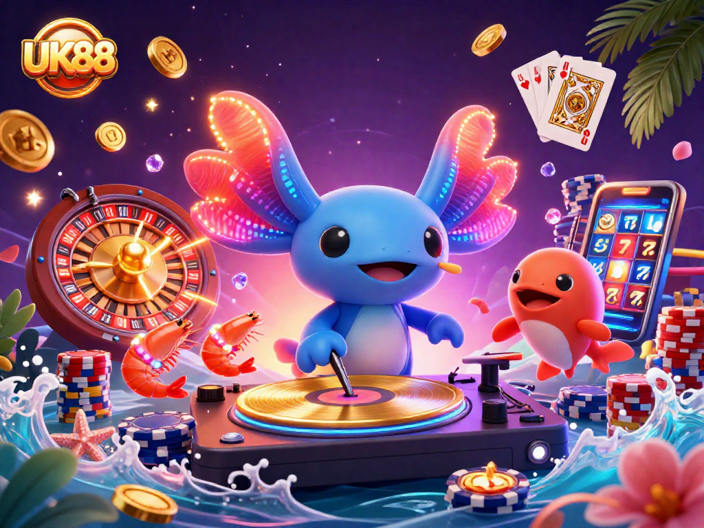 Engage in the vibrant UK88 casino experience with animated characters celebrating gambling fun.