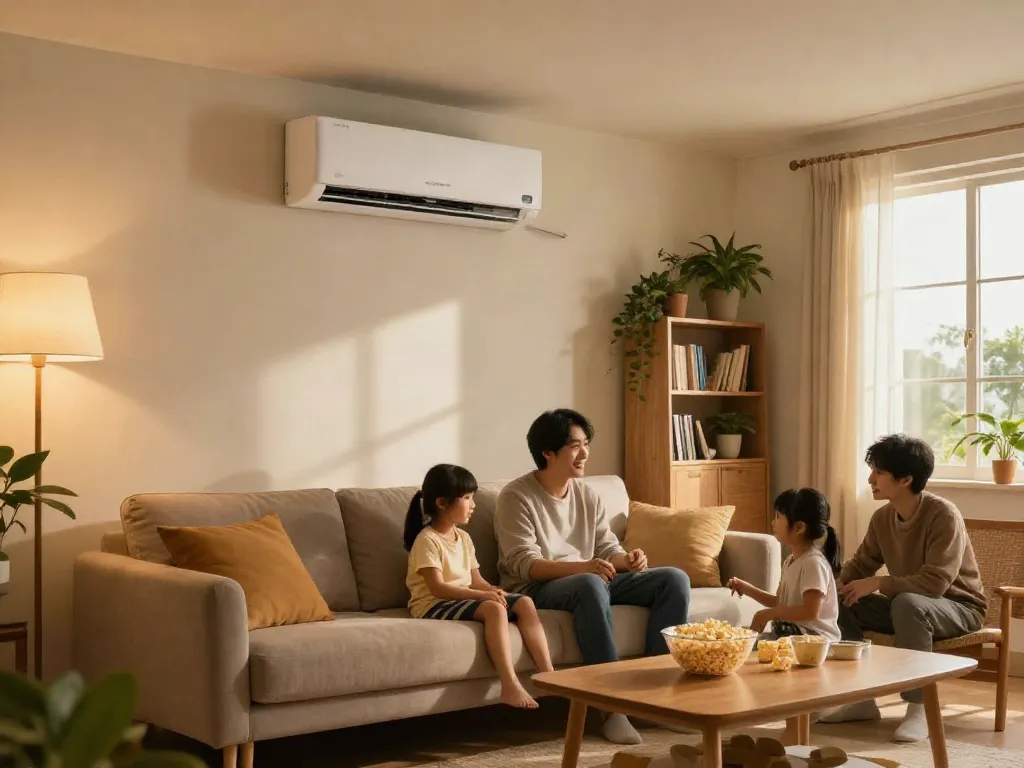 Cozy living room with a mini split AC, family enjoying movie night.