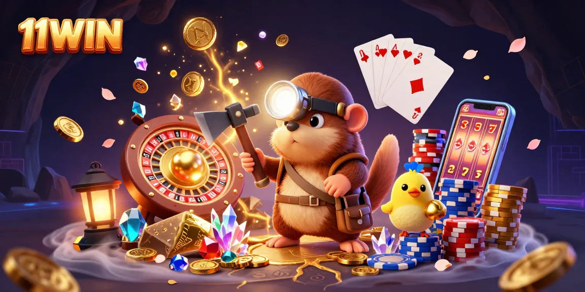 Experience the excitement of 11WIN with a thrilling mining adventure amidst glittering casino elements.