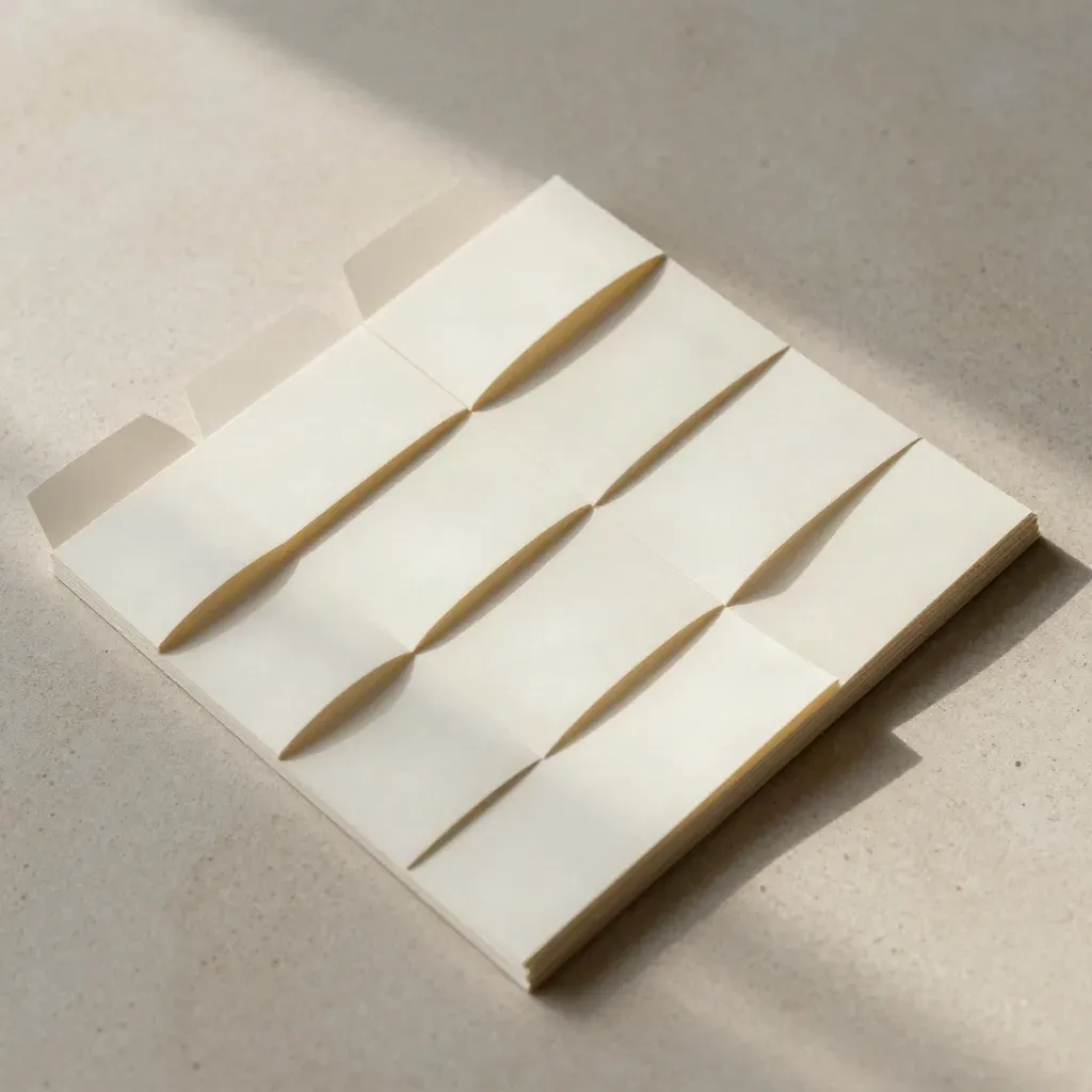 Overhead flatlay of a modular rewrite card fan on cream stone with soft shadows.