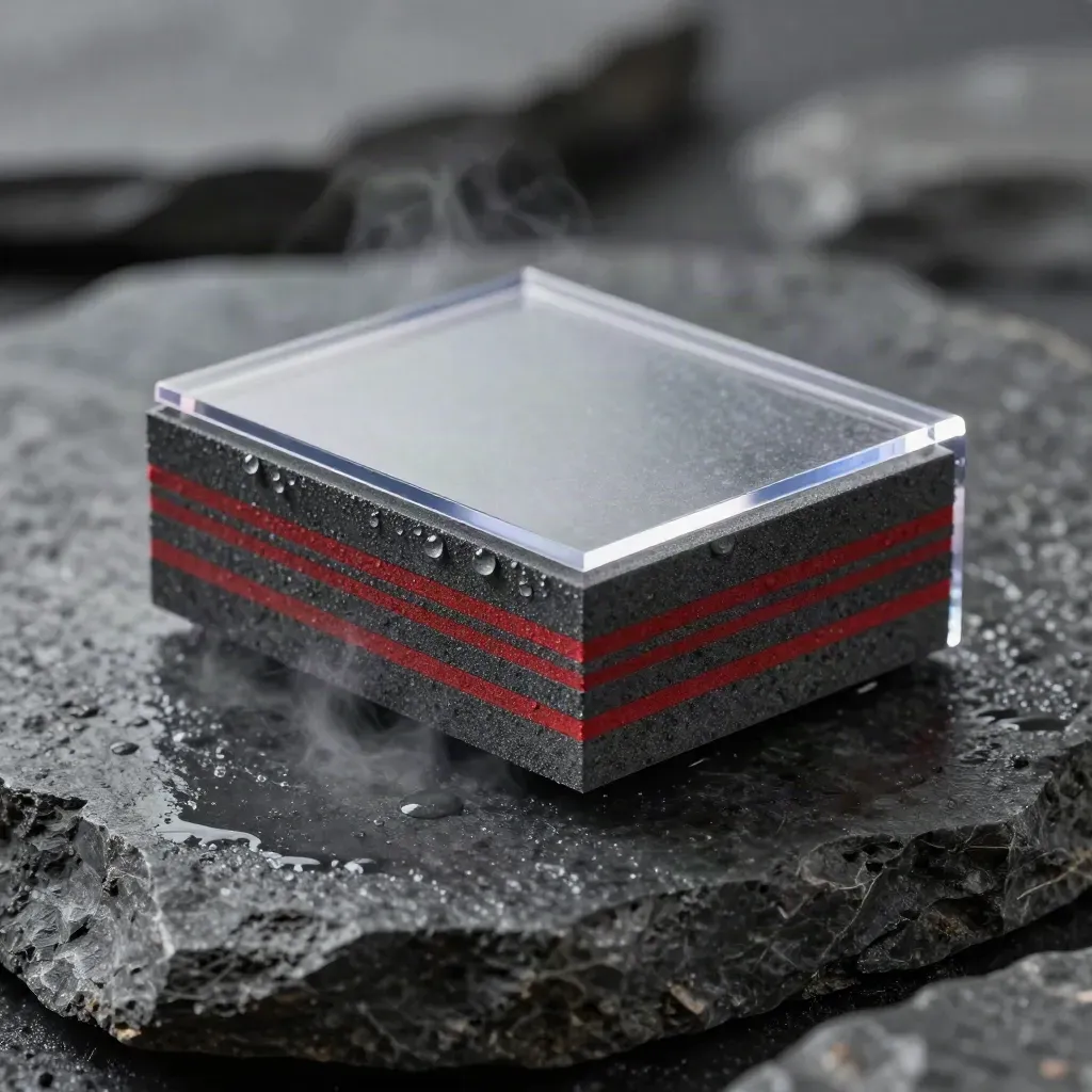 Compact acrylic block with crimson strips hovering over wet basalt and mist