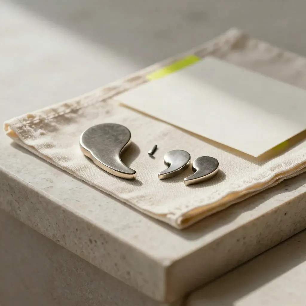 Pewter punctuation tokens beside a folded linen mat on a pale stone ledge.