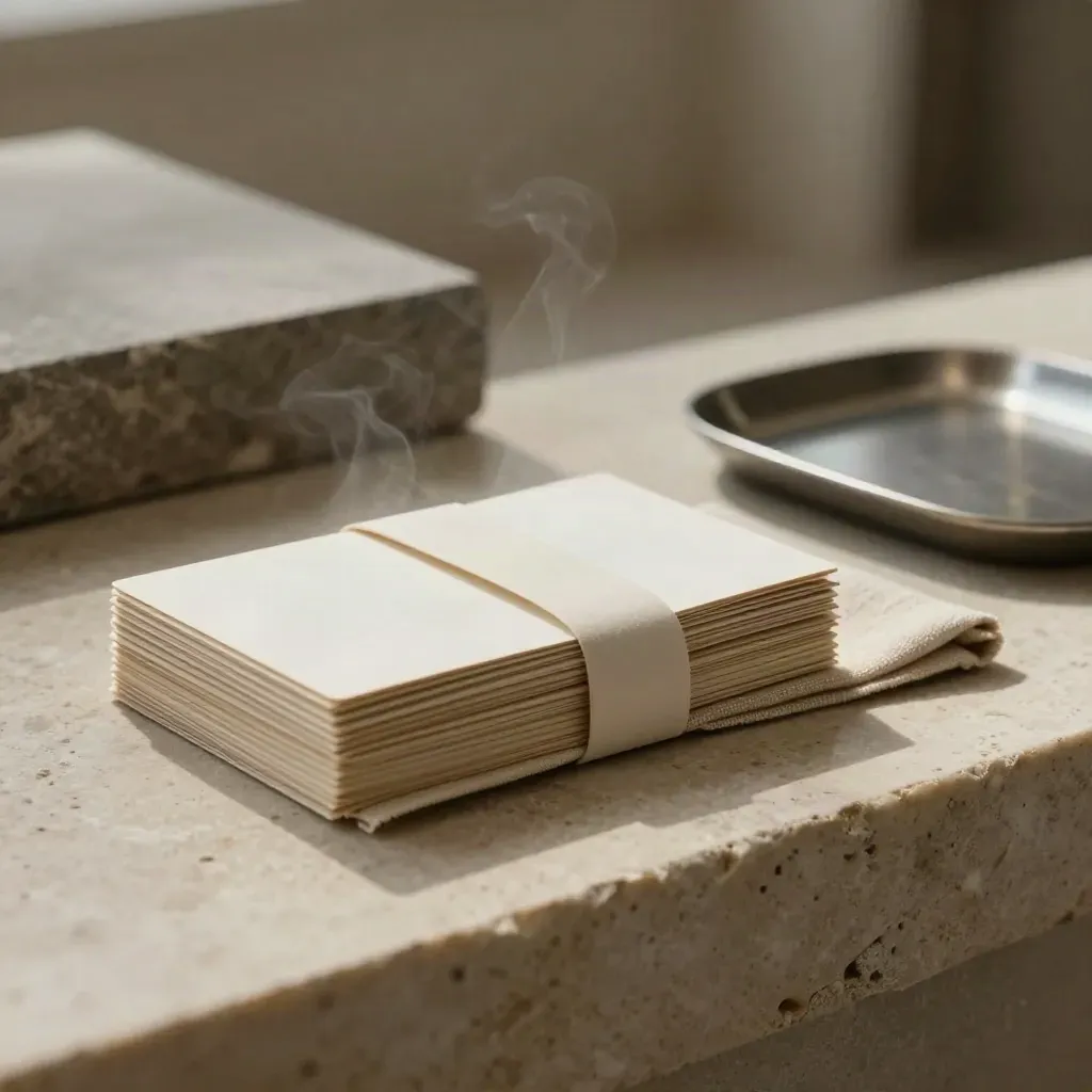 Matte writing bundle on a stone ledge with tray, cloth support, and soft steam in dramatic light.
