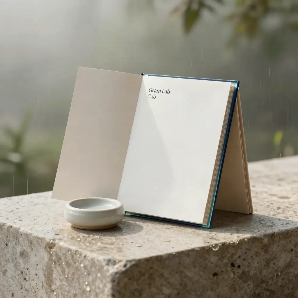 Rain-kissed editorial card package with glass spine, linen, and pale stone.