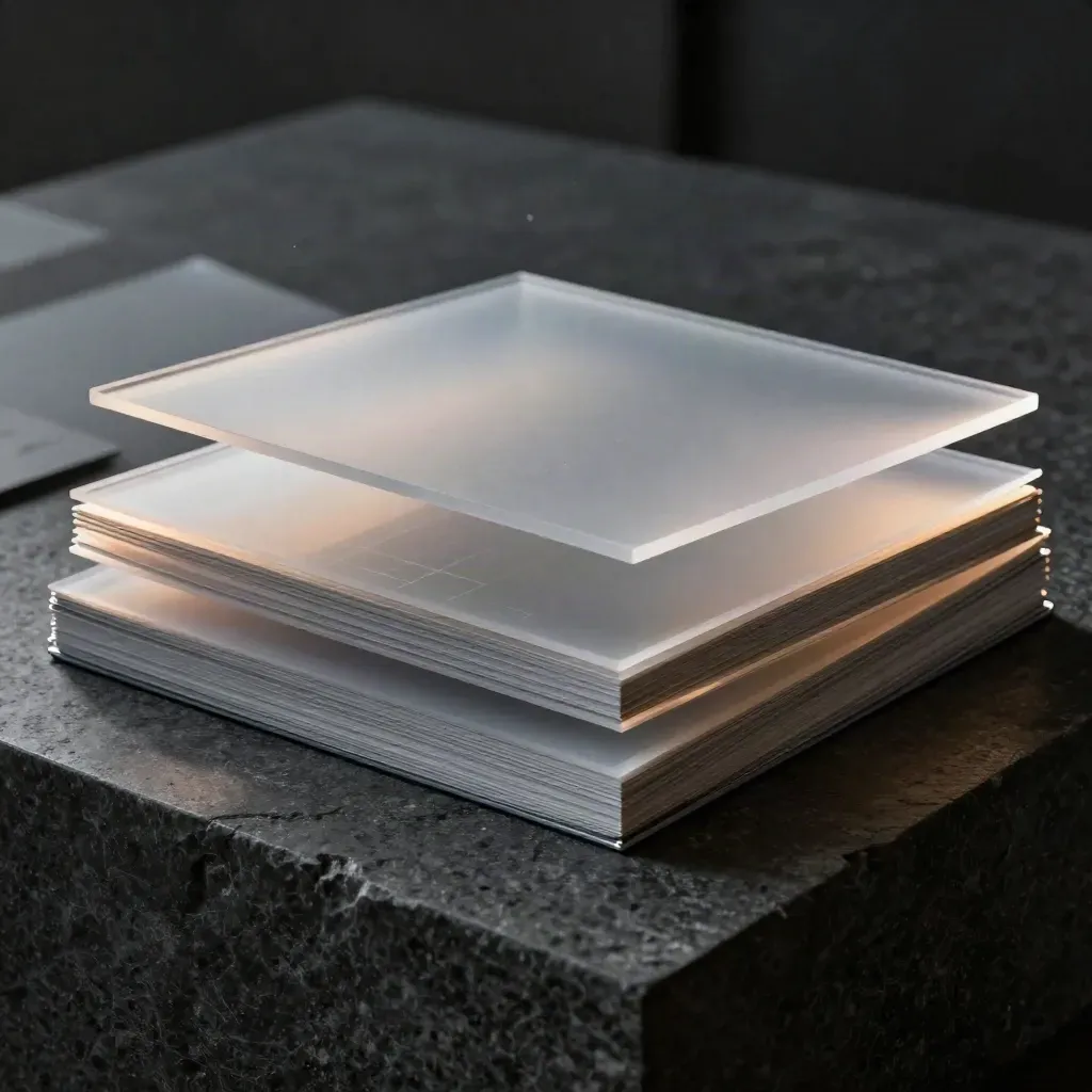 Translucent readability panels rising from a stone plinth under cool rim light.