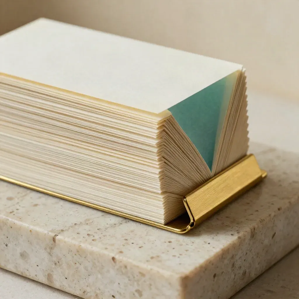 Ivory cards fanned with a brass clip on pale travertine, with a soft teal edge tint.