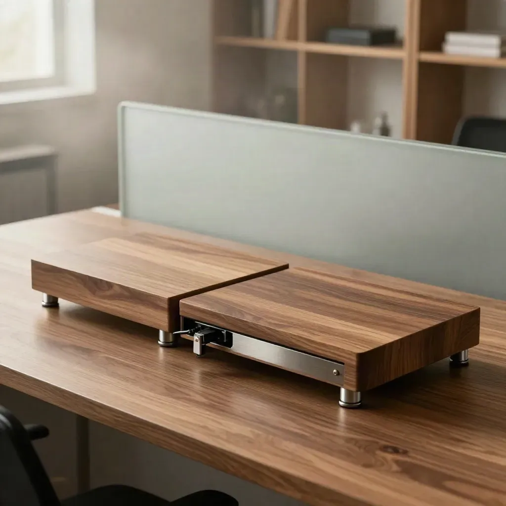 Two walnut desk modules joined by a connector strip on a misty editorial workspace.