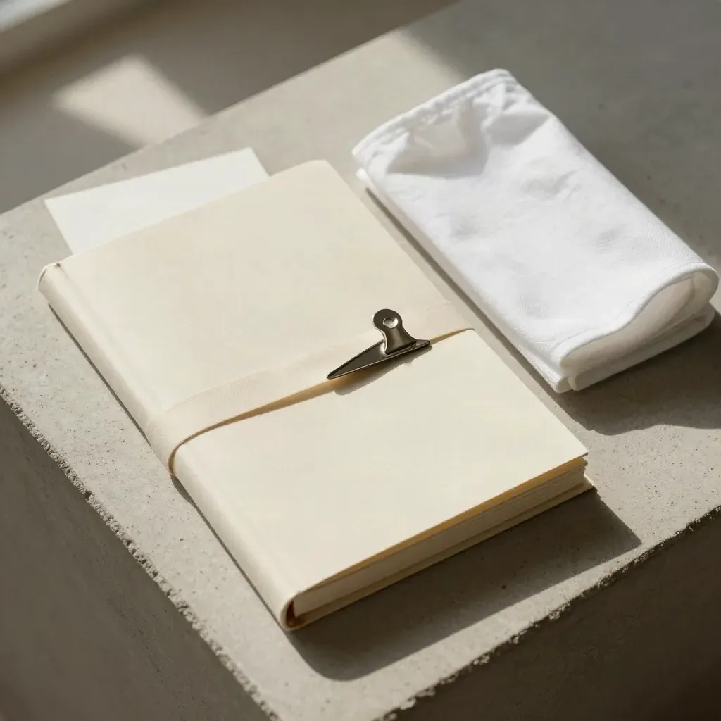 Overhead flat lay of a cream manuscript bundle, ribbon, clip, and folded cloth on pale concrete.