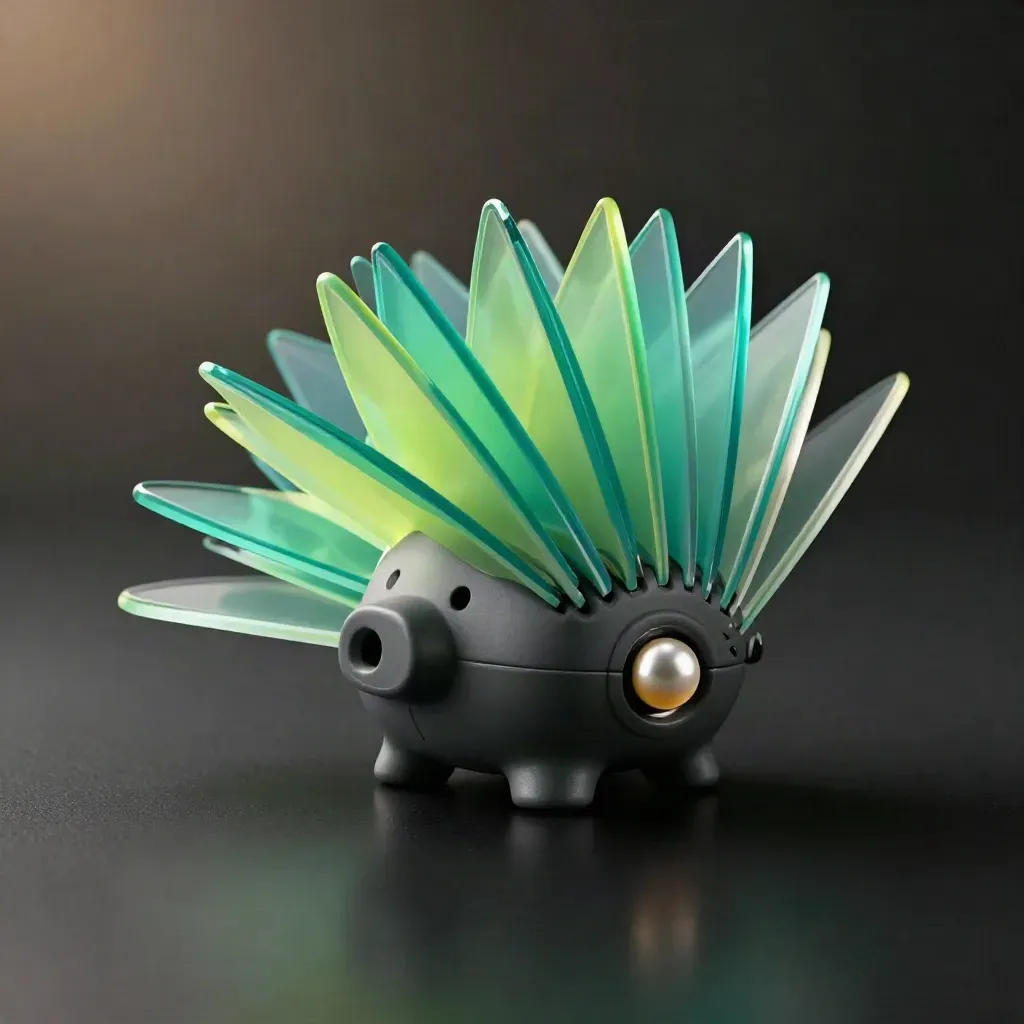 Teal and lime translucent fins burst around a matte graphite core on a dark studio plinth.