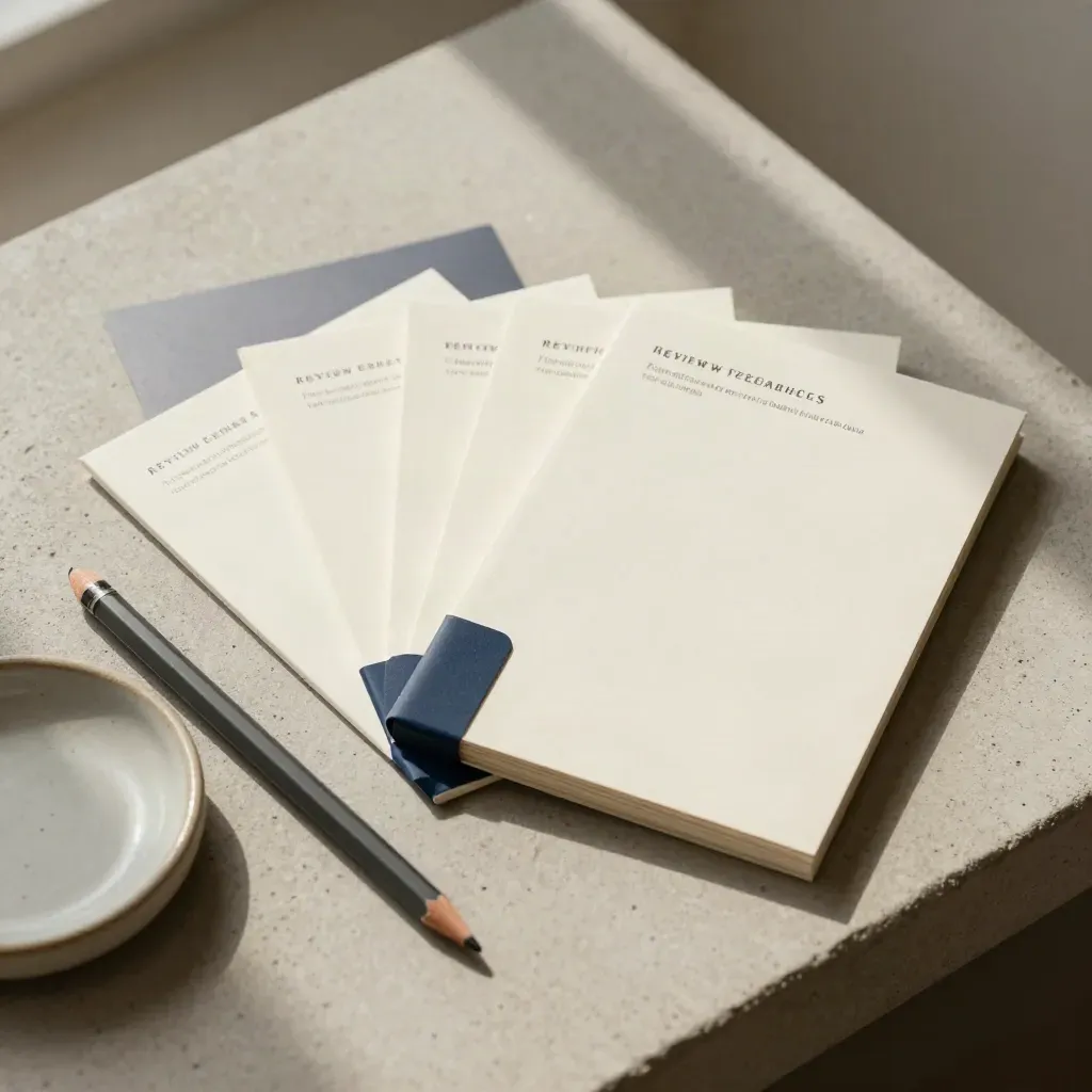 Overhead flatlay of five fanned essay review cards with navy band, pencil cap and ceramic tray