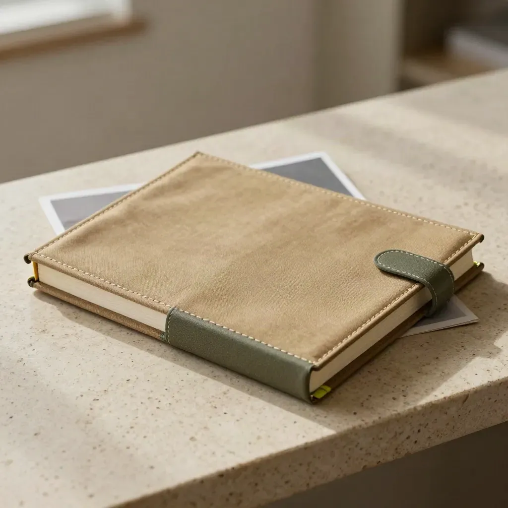 Matched editorial binders with a linking strap on pale travertine, softly lit with airy blur.