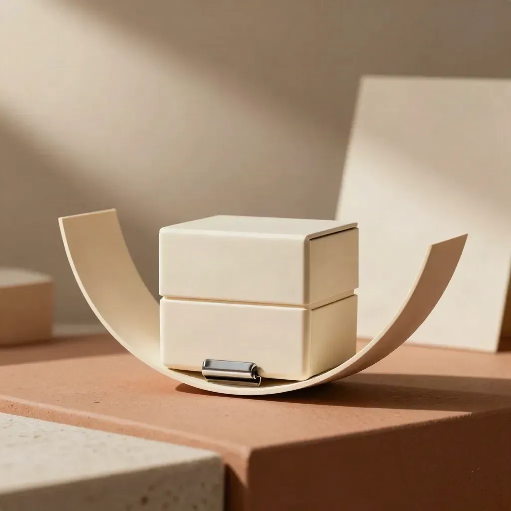 Hero product kit with curved paper arcs, a box, and a small metal clip on terracotta clay.