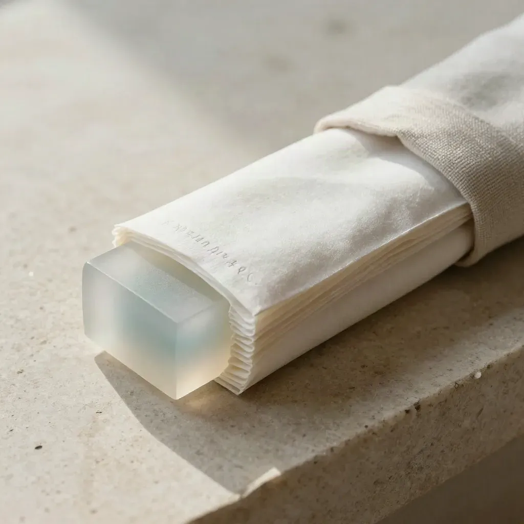 Ivory document bundle with frosted block and linen fold on pale limestone