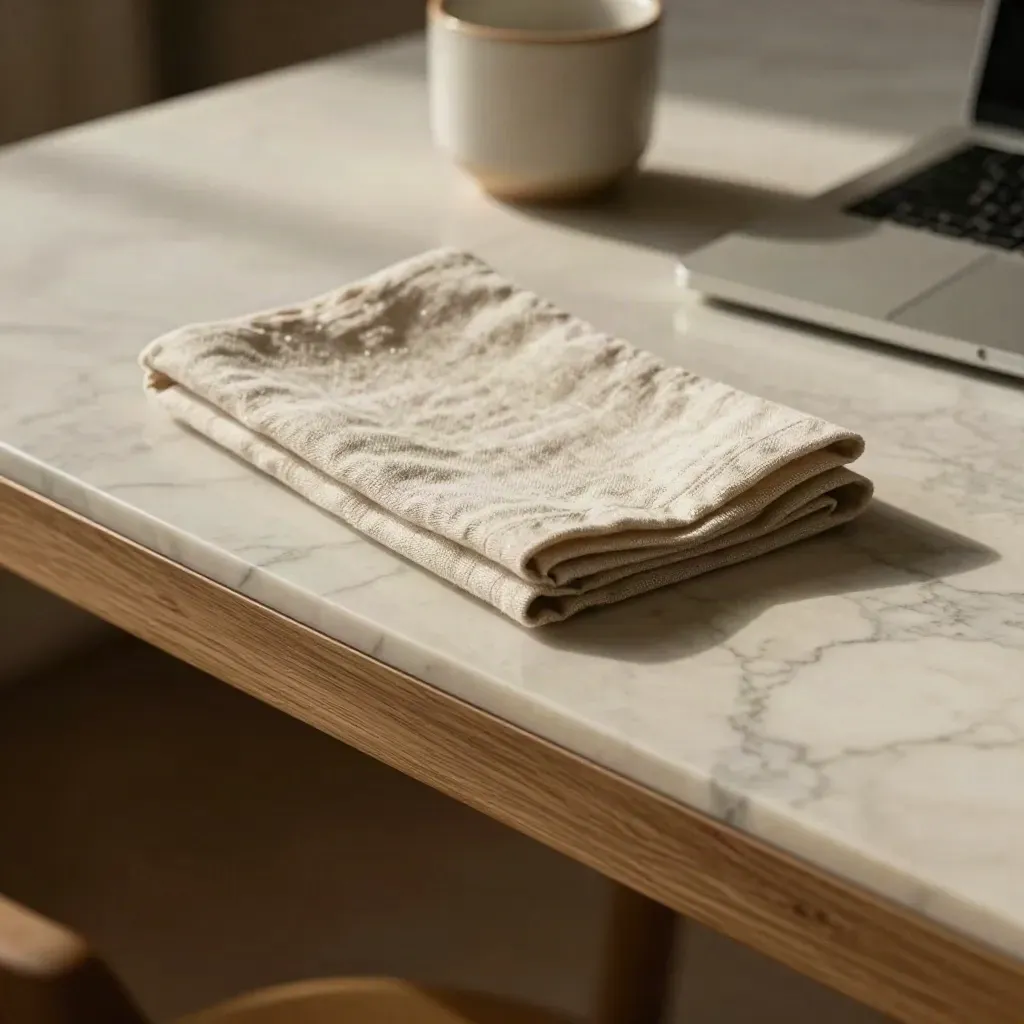 Sunlit marble tabletop with oak edge, linen napkin and blurred ceramic cup in a quiet writing workspace.