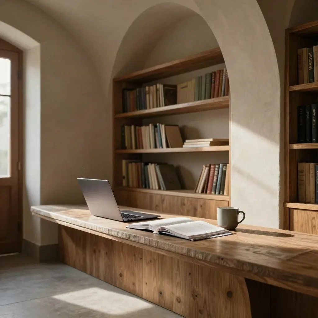 Warm library alcove with oak shelves, linen bench, and a laptop beside revision pages in sunbeams.