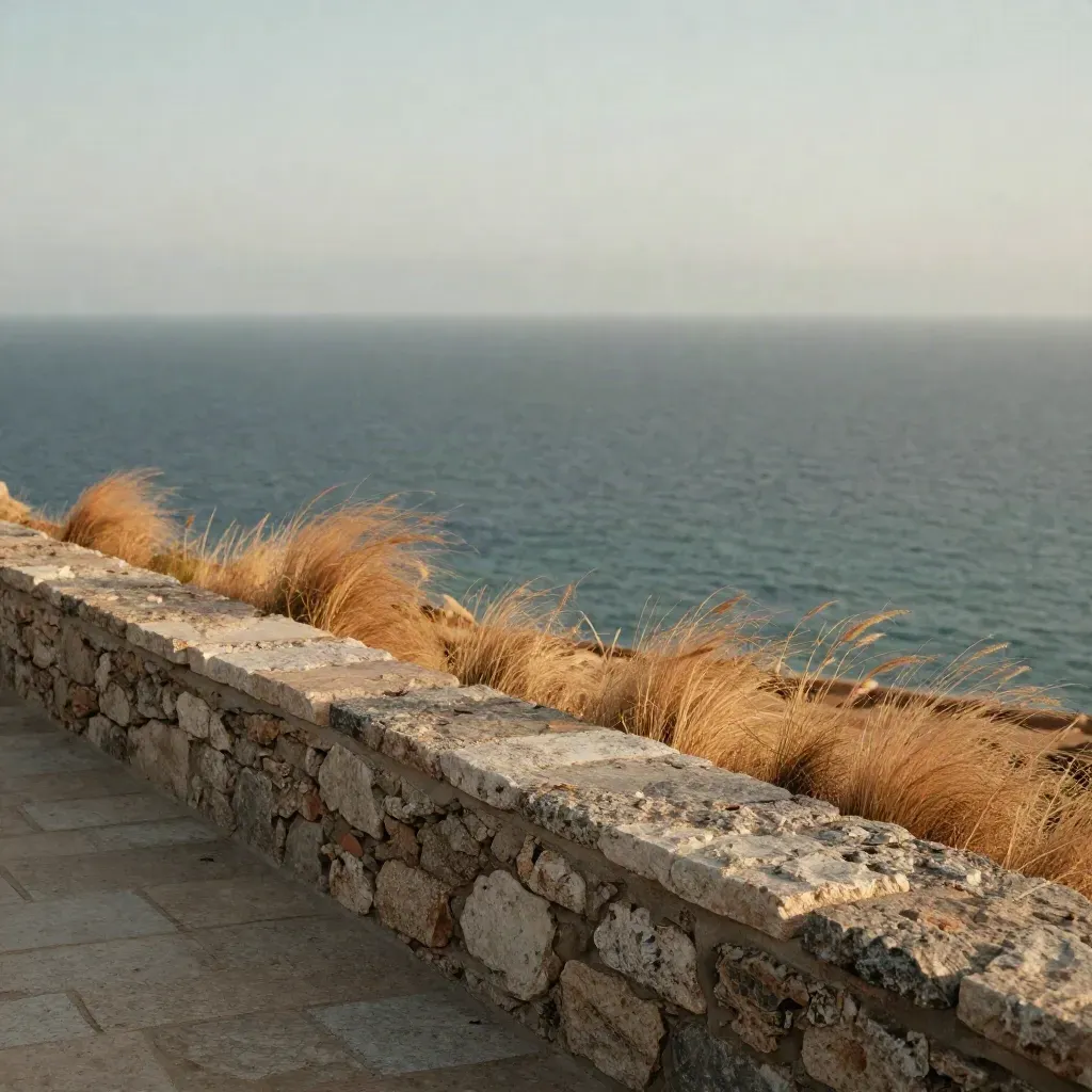 Golden coastal terrace with dry grasses, low stone wall, and hazy pale sea at sunset.