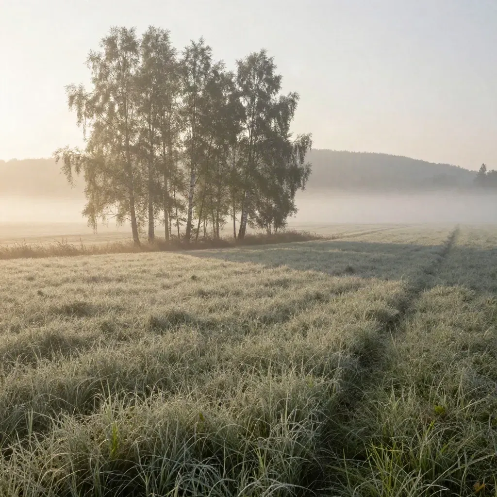 Mist-soft meadow edge with slender trees and distant ridge, open calm foreground for copy.