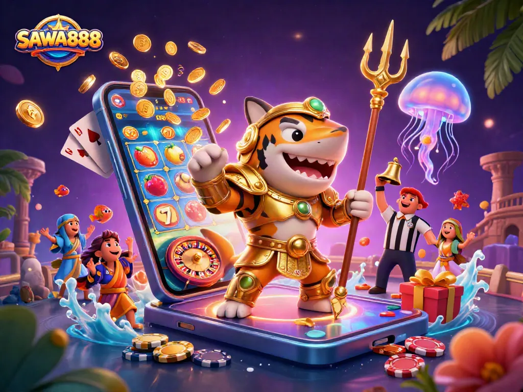 SAWA888 showcases a thrilling underwater casino battle with a majestic tiger shark and vibrant game elements.
