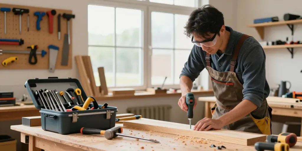Craftsman using Bosch hand tools in a bright workshop with organized tools and materials