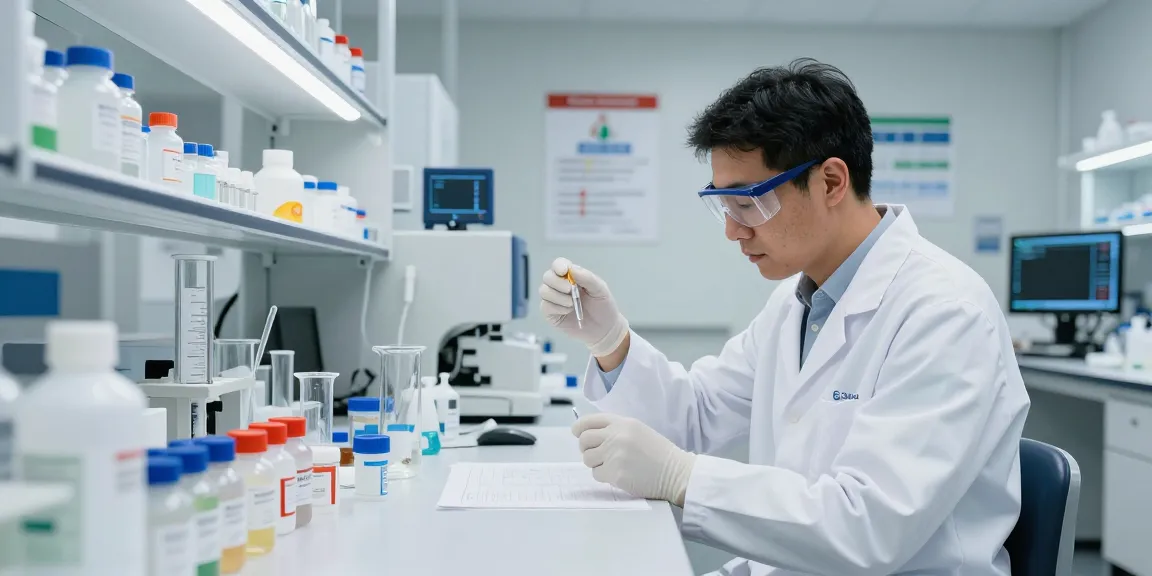 Nitroethane supplier Europe showcasing a chemist in a modern lab analyzing chemical samples.