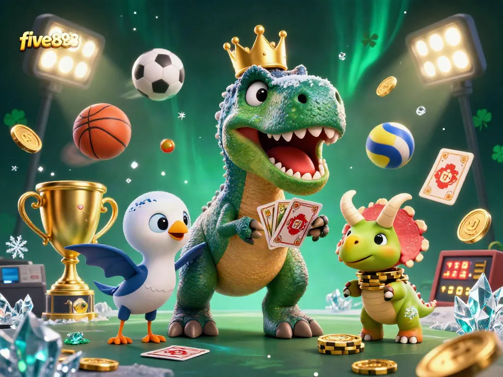 five888 features a T-Rex shuffling cards with a pterodactyl assistant, set in a vibrant casino scene.