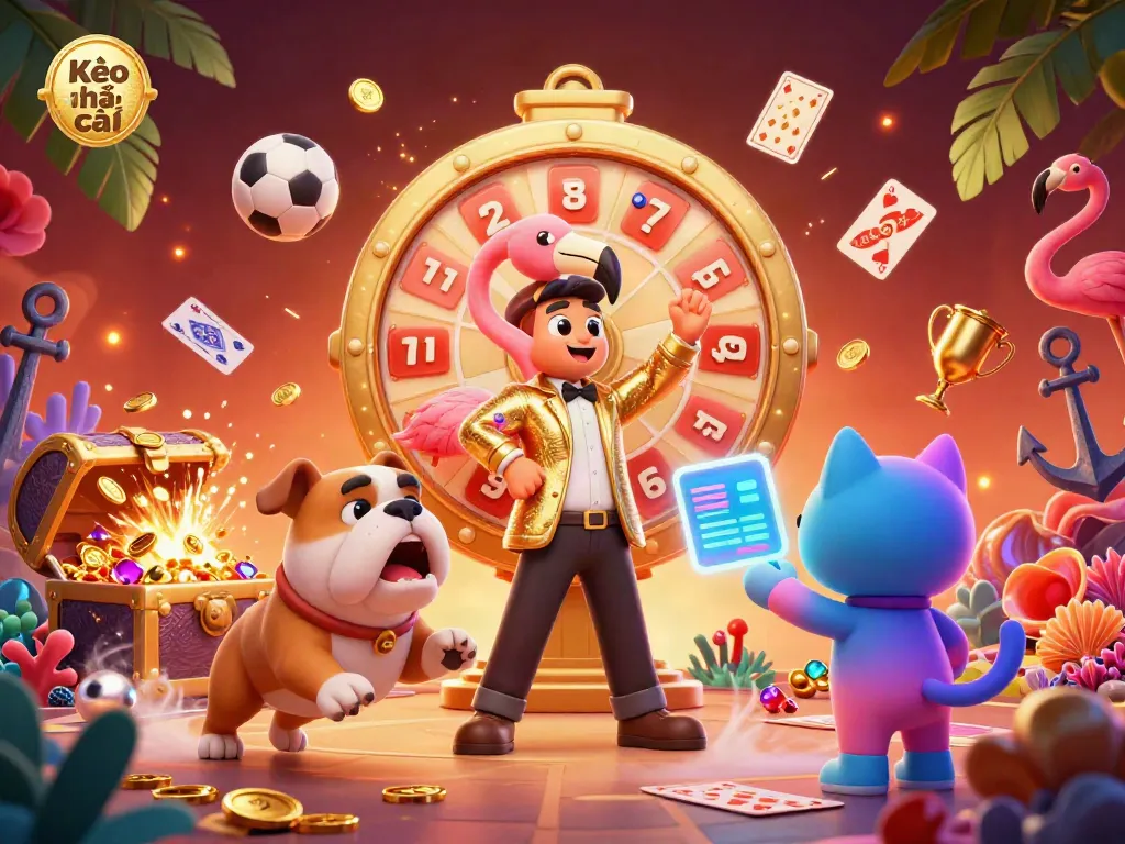 Engage with Kèo nhà cái's latest sports betting trends in this lively illustration featuring a game show host and a bulldog contestant.