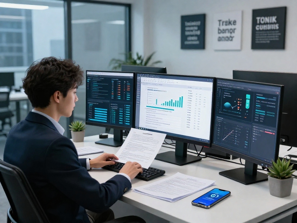 Data analyst focused on document fraud detection analysis in a high-tech office.