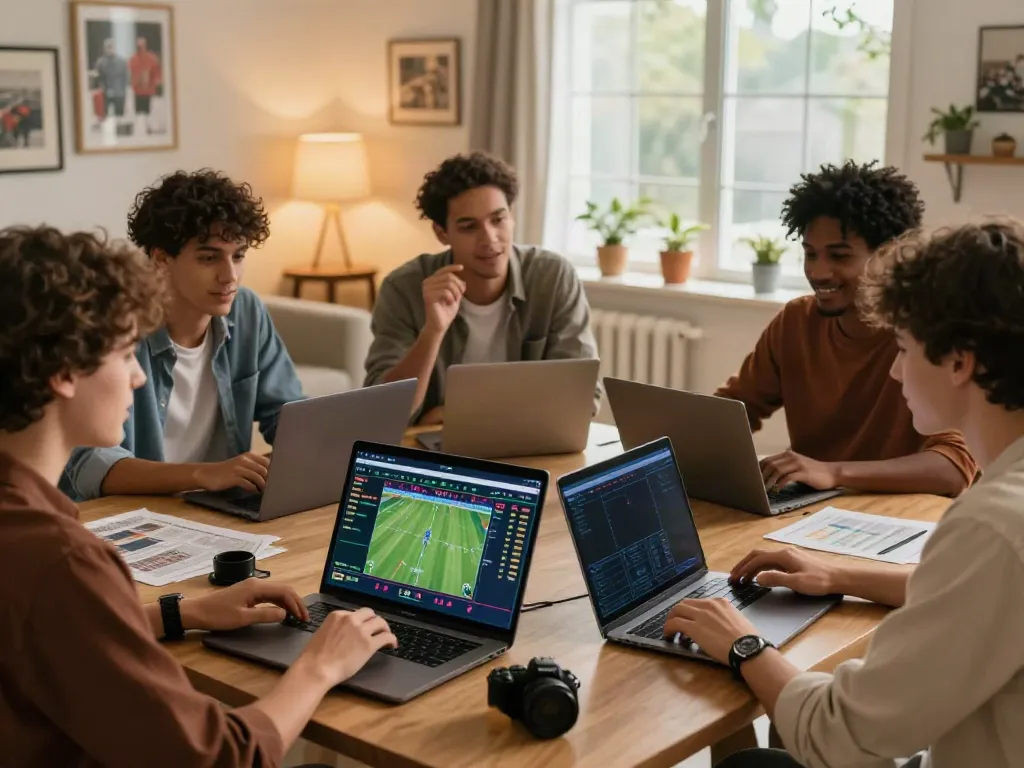 Friends engaging in sports betting at home around laptops and smartphones with live odds from https://debet.gb.net/.