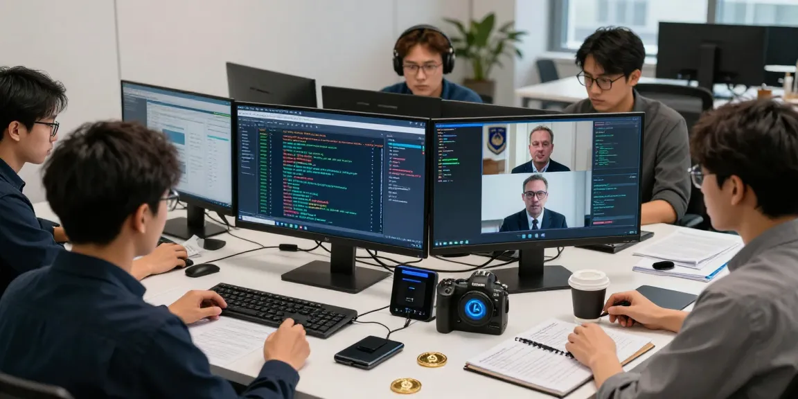 Blockchain investigation team analyzing crypto transactions in a modern office, showcasing innovative forensic analysis methods and expert collaboration.