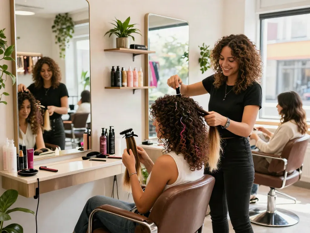 Woman experimenting with curly hair extensions in a bright salon, showcasing beauty transformation.