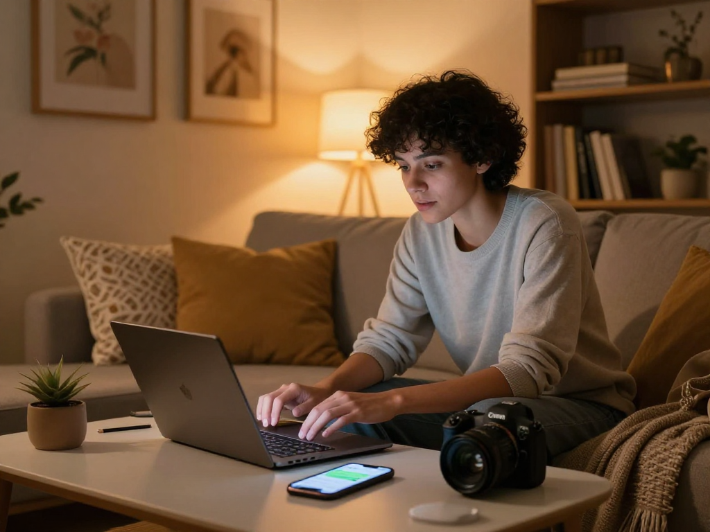 Engaging in AI sex chat, person on a cozy couch with laptop and tech gadgets.