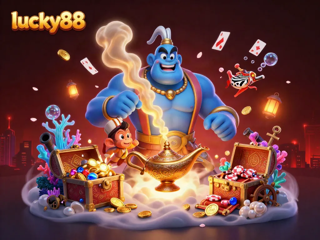 Experience the magic of lucky88 with a vivid 3D illustration of a genie, poker chips, and treasure.
