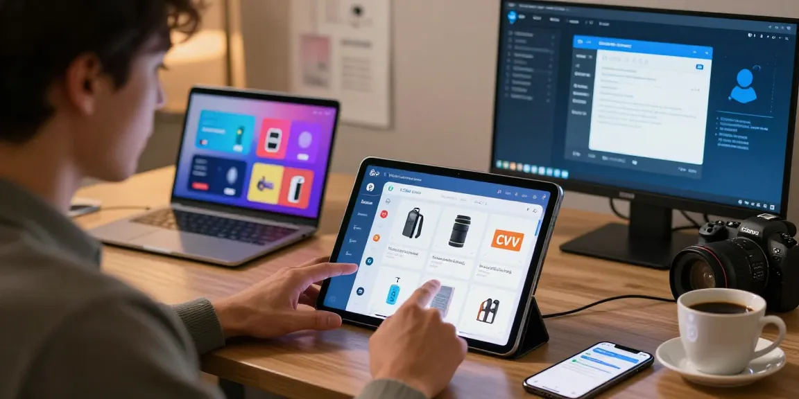 A vibrant e-commerce scene showcasing a dumps shop list on a digital tablet, highlighting the modern shopping experience.