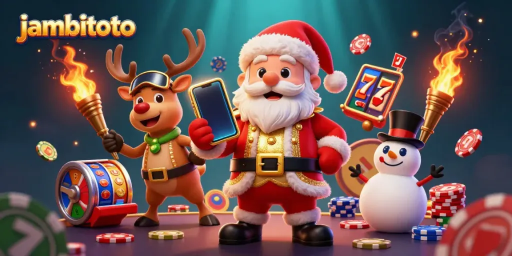 Win big with jambitoto in this festive casino scene with Santa, reindeer, and a snowman!