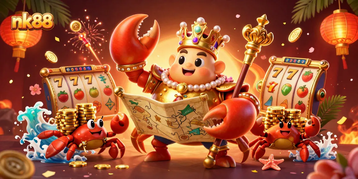 Spark winning moments playing slots at nk88, featuring a golden crab emperor, treasure map, and majestic casino decorations.