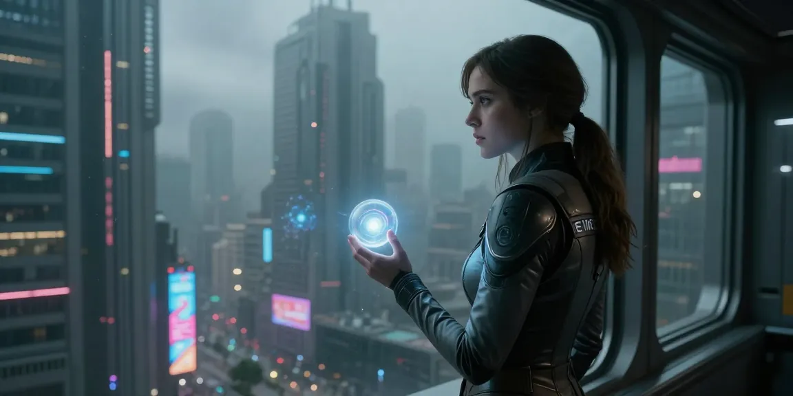 Emma Thorne in a dystopian sci-fi novel setting, symbolizing emotional rebellion.