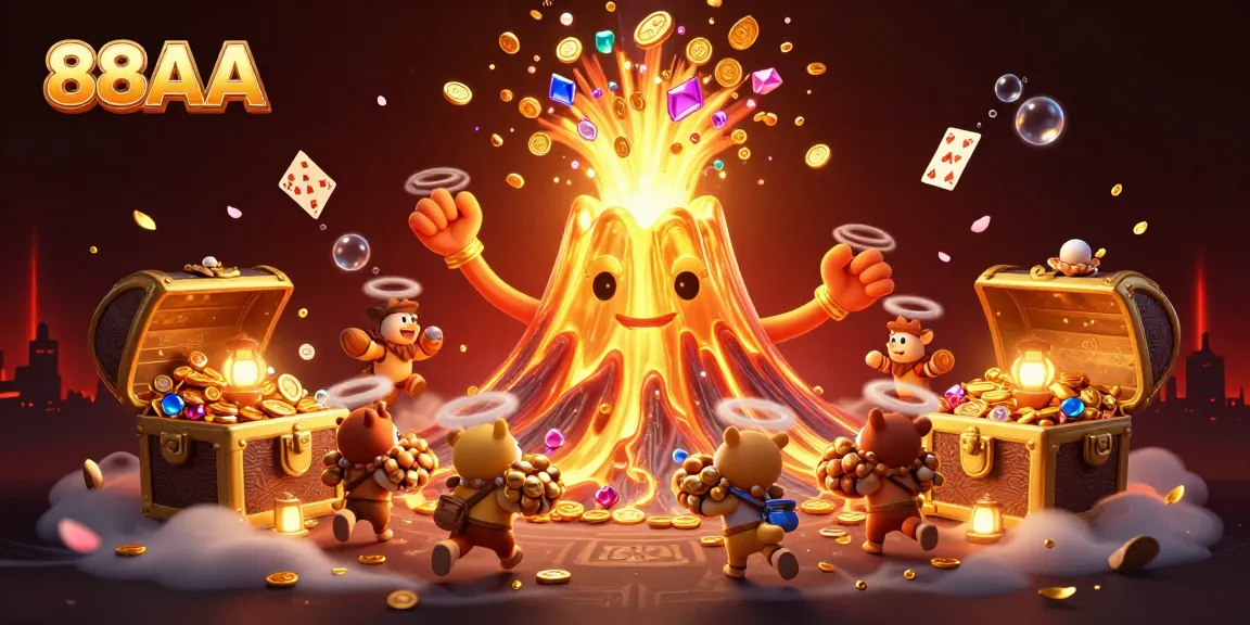 Witness the thrilling world of 88AA, where a golden volcano erupts coins amidst a rich casino adventure.