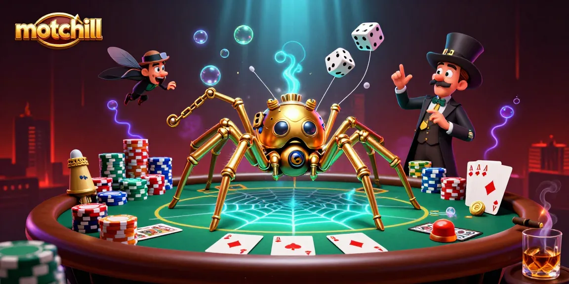 Win big at motchill by spinning the reels of vibrant poker chips and golden chains in a steampunk scene.